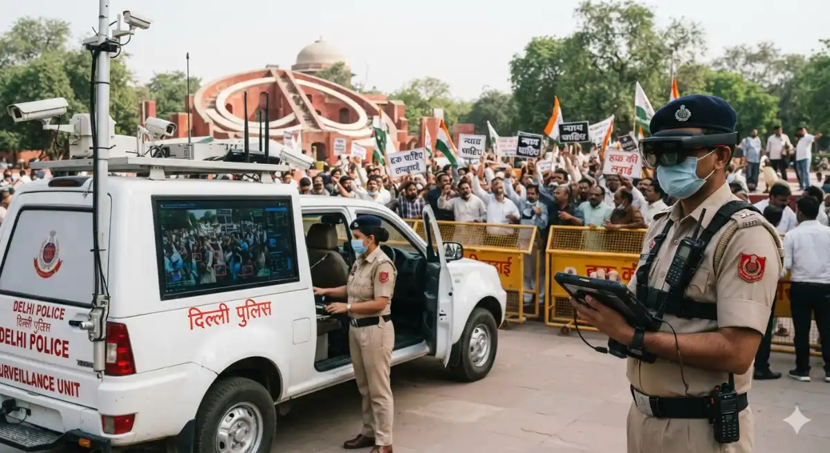 जंतर-मंतर पर AI का पहरा: दिल्ली पुलिस की हाई-टेक वैन और स्मार्ट चश्मों से प्रदर्शनकारियों की निगरानी, प्राइवेसी पर छिड़ी बहस!!