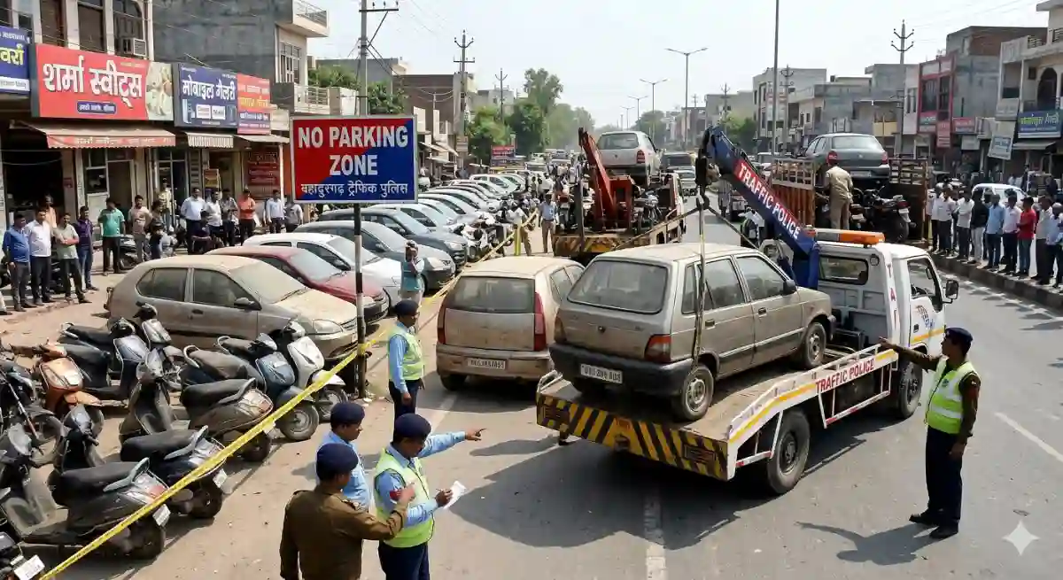 बहादुरगढ़ ट्रैफिक पुलिस की बड़ी कार्रवाई; नो-पार्किंग और 15 साल पुराने वाहनों पर चला हंटर, सैकड़ों गाड़ियां जब्त