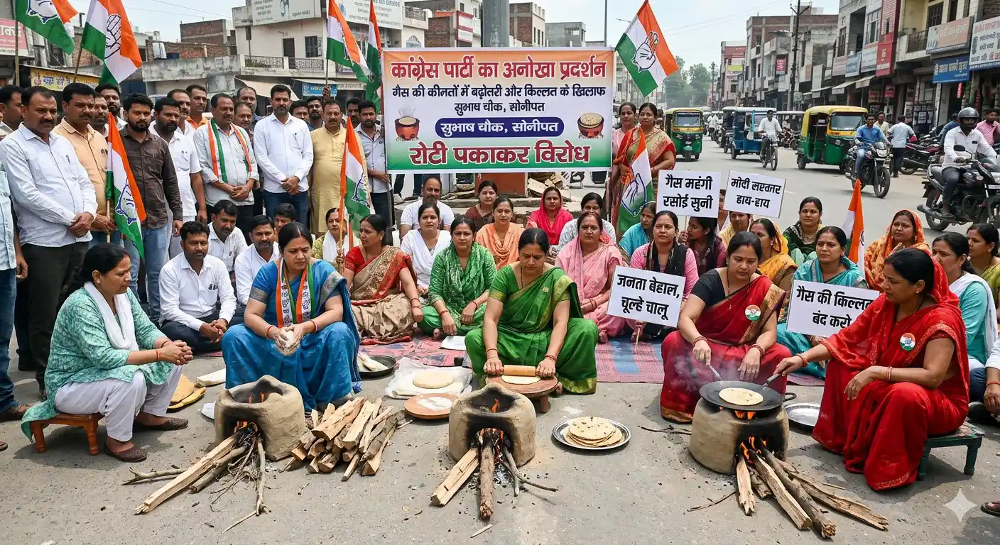 अनोखा प्रदर्शन : हरियाणा के इस शहर में चौक पर मिट्टी का चूल्हा रखकर बनाई रोटियां, साथ में बनाई चटनी