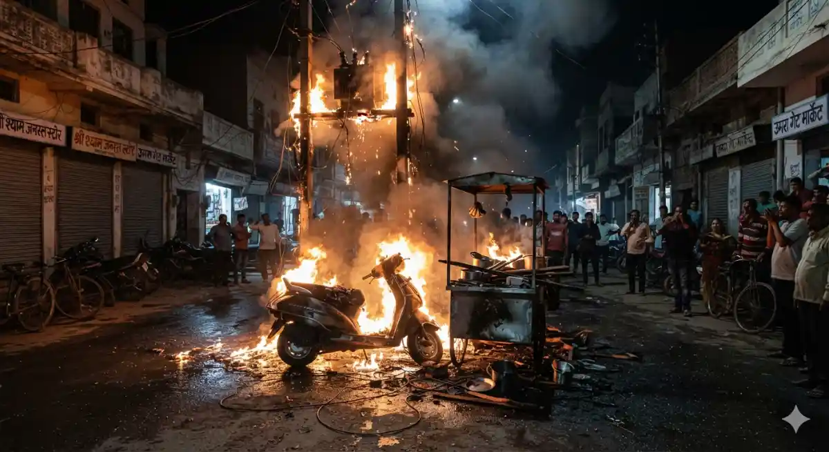 हांसी के उमरा गेट पर ट्रांसफार्मर में जोरदार ब्लास्ट, जलता तेल गिरने से स्कूटी और रेहड़ी में लगी आग, ट्रांसफार्मर या बिजली के खंभों के आसपास बरतें सावधानी